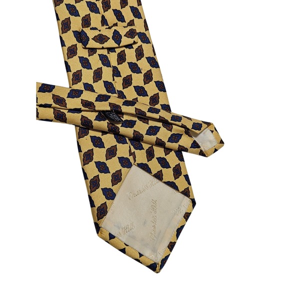 Charles Hill Mens Silk Necktie Geometric Pattern Yellow Blue Brown - Picture 2 of 4